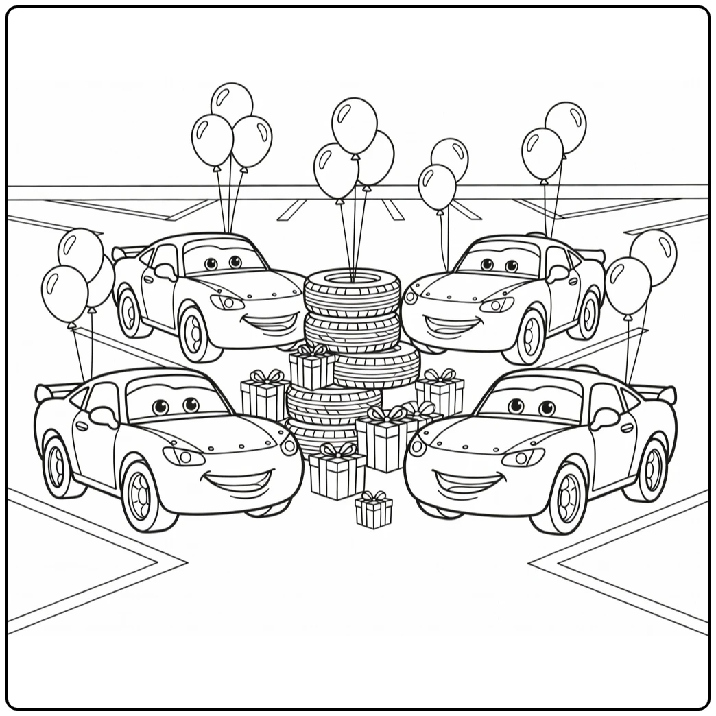 Cars verjaardag kleurplaat: Disney auto's bij verjaardagsfeest