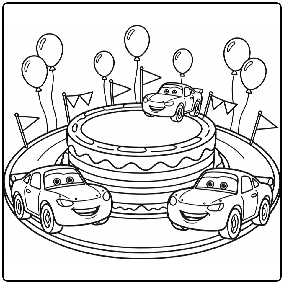 Cars verjaardag kleurplaat: Disney race op taartbaan
