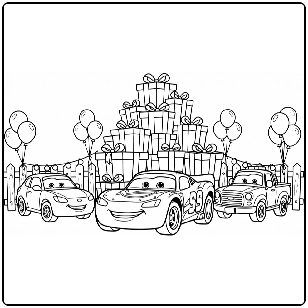 Cars verjaardag kleurplaat: raceauto bij cadeauberg, auto's met ballonnen