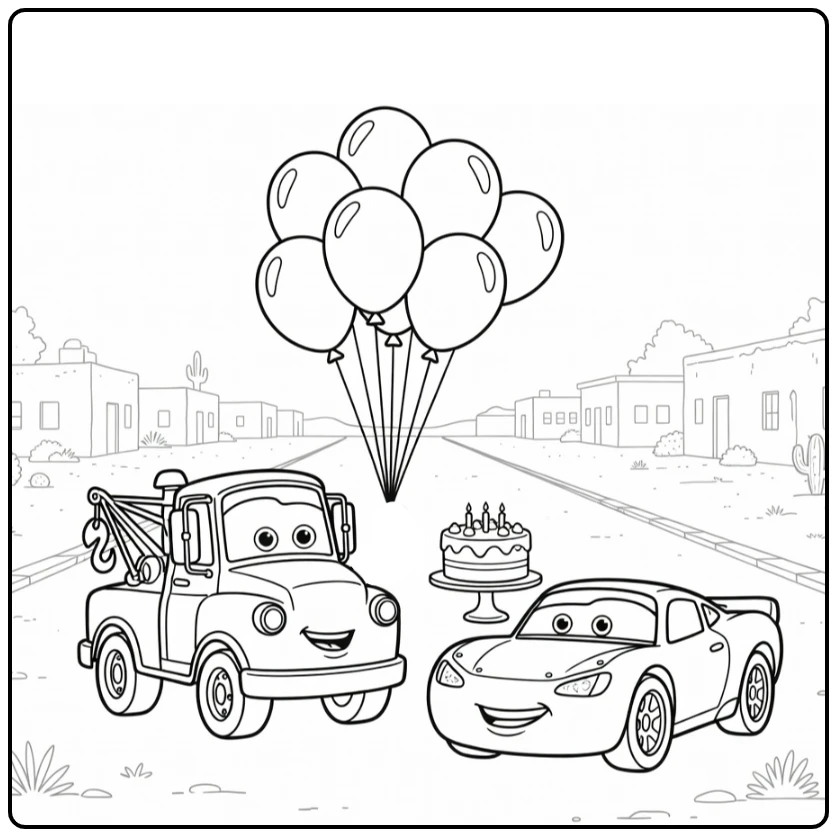 Cars verjaardag kleurplaat: sleepwagen verrast raceauto met ballonnen