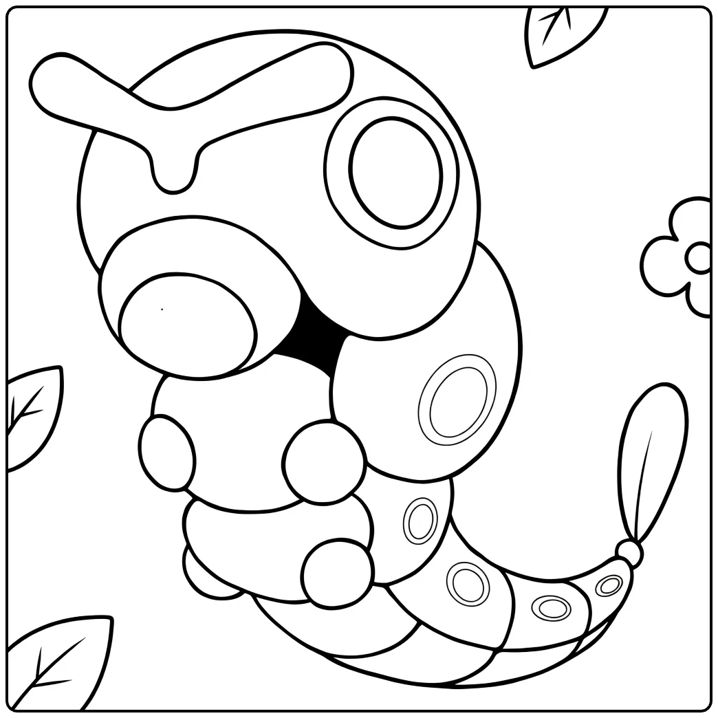 Caterpie kleurplaat: Pokémon rups met bladeren