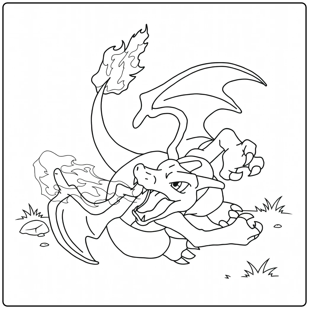 Charizard Kleurplaat: brullend met vuur en vleugels