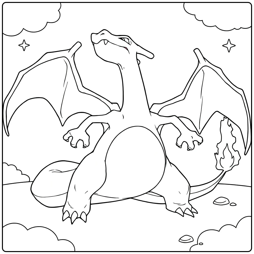 Charizard Kleurplaat met brullende draak en vlammen