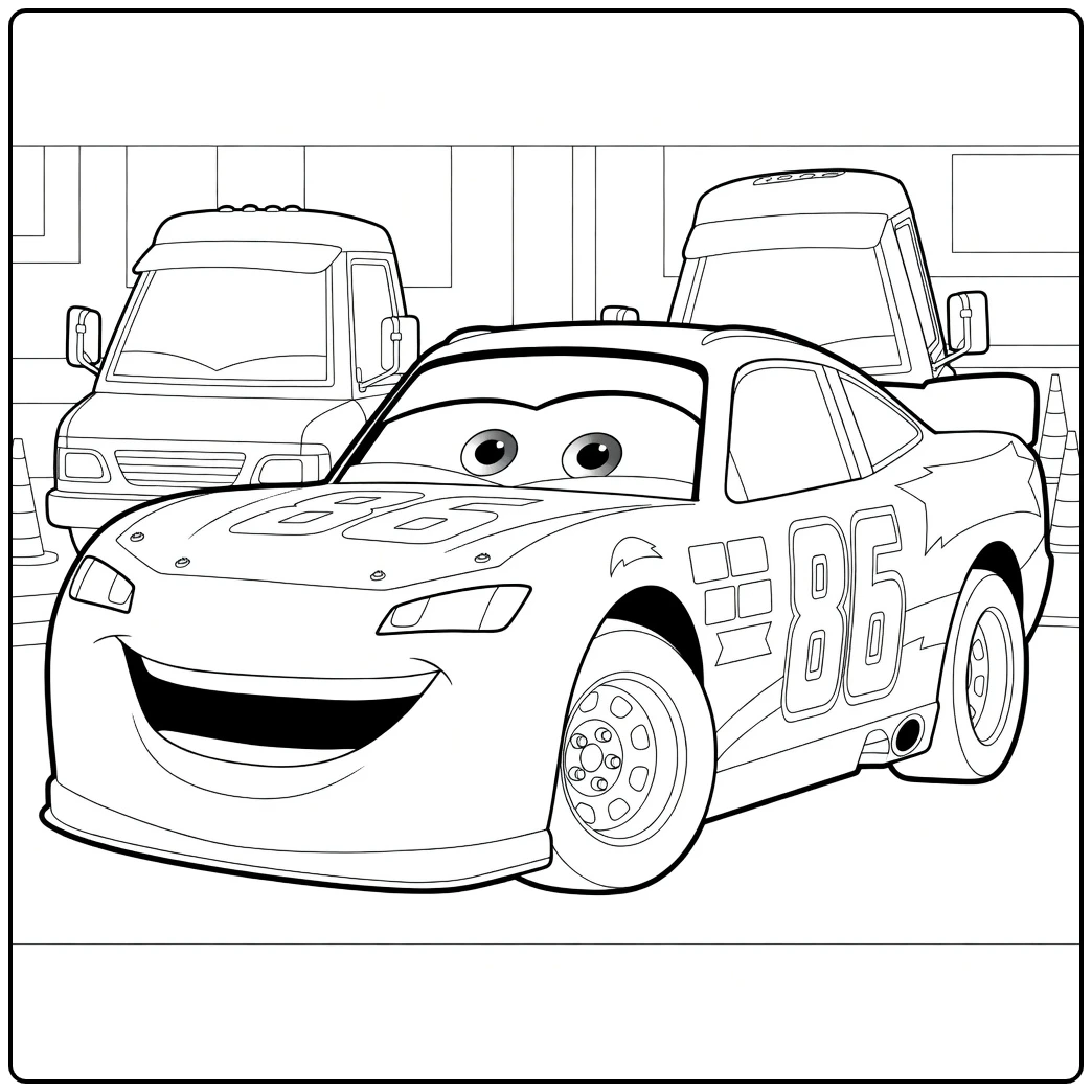 Chick Hicks Kleurplaat: racewagen nr. 86 met ogen en lach