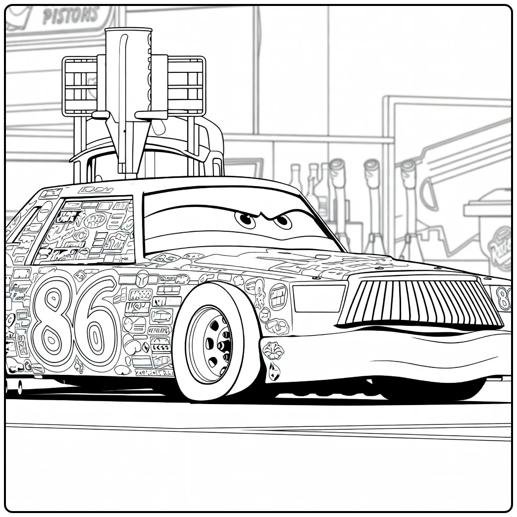 Chick Hicks Kleurplaat: boze Pistons raceauto nr. 86