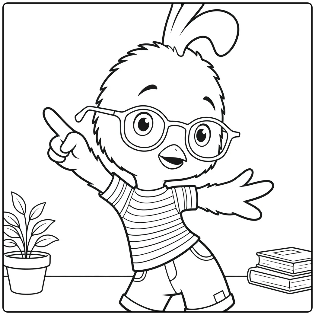 Chicken Little Kleurplaat kip met bril en gestreept shirt