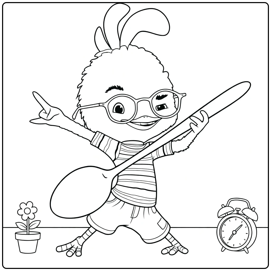 Chicken Little Kleurplaat met knuppel, bril en wekker