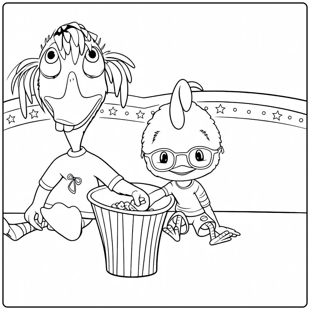Chicken Little Kleurplaat met kippen en popcorn emmer