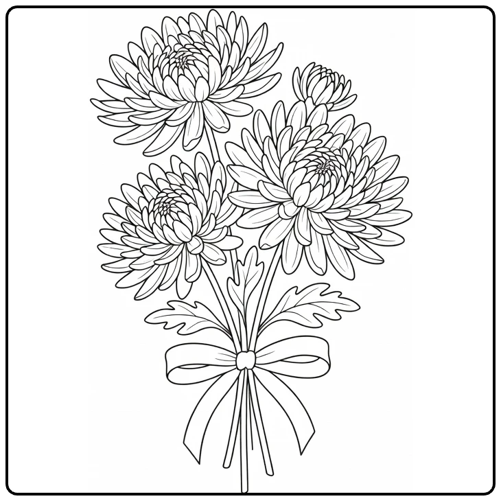 Chrysant kleurplaat met drie chrysanten in boeket