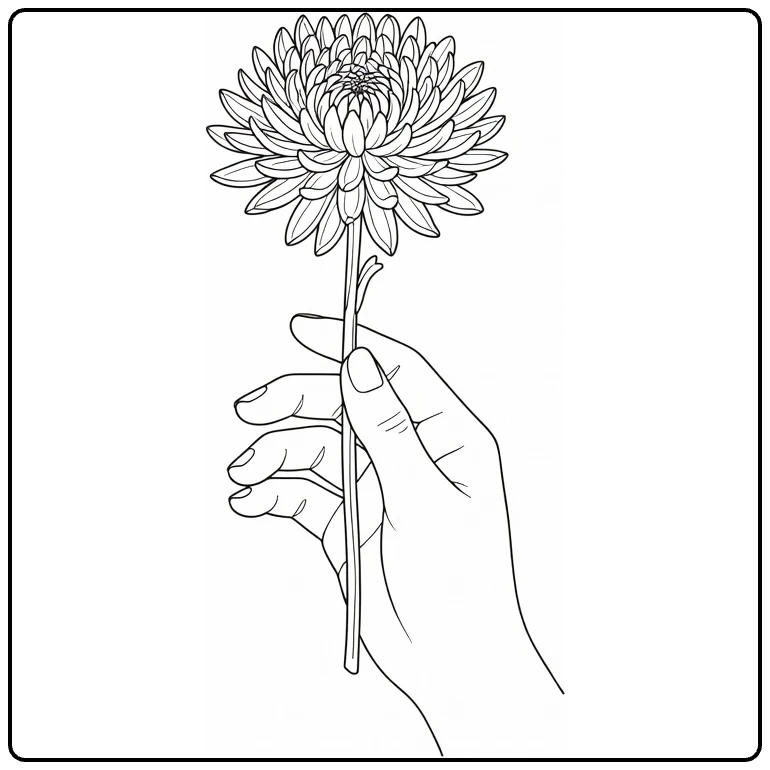 chrysant kleurplaat met hand die steel vasthoudt