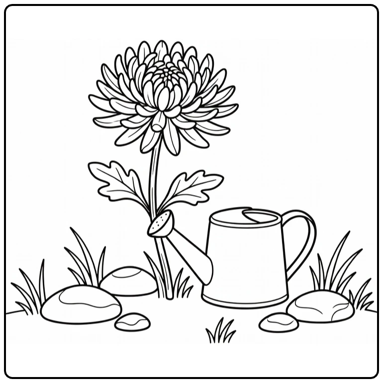 Chrysant kleurplaat met bloem naast gieter en stenen
