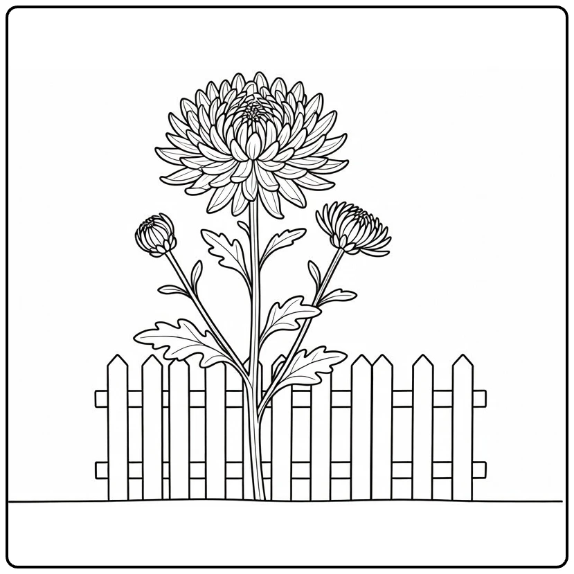 chrysant kleurplaat van bloem naast houten hek