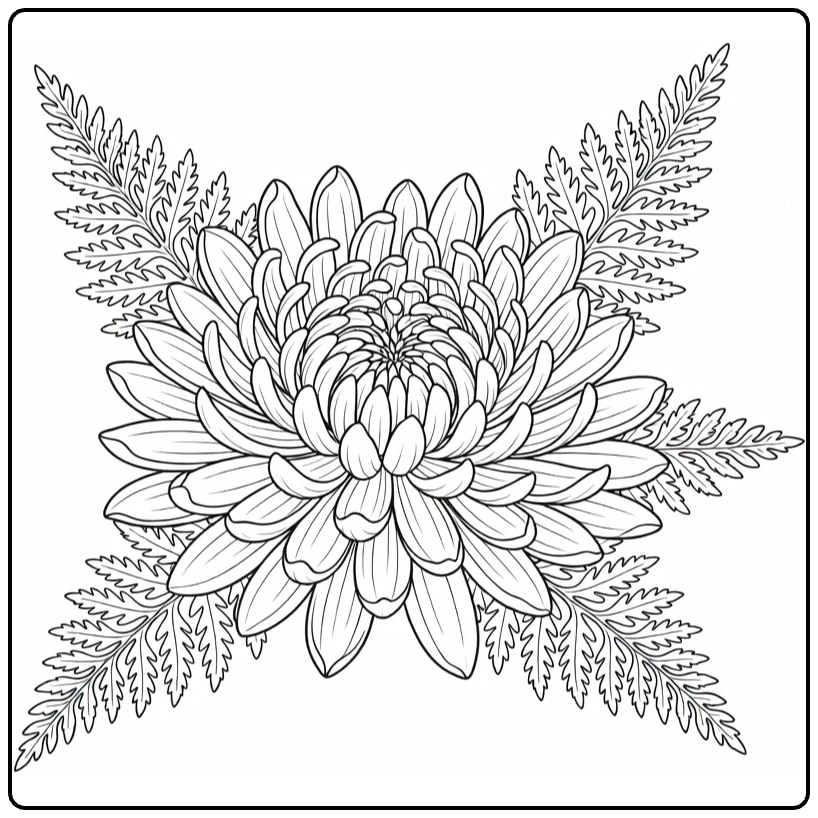 chrysant kleurplaat met chrysant en varenbladeren centraal
