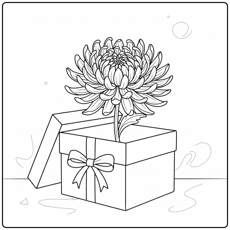 Chrysant kleurplaat met bloem in open geschenkdoos met strik