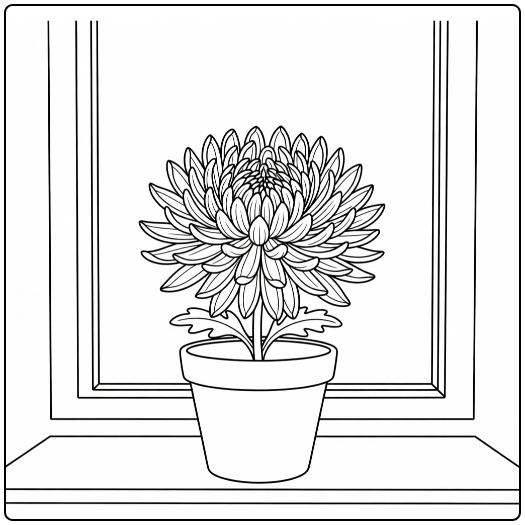 Chrysant kleurplaat met bloem in pot op vensterbank