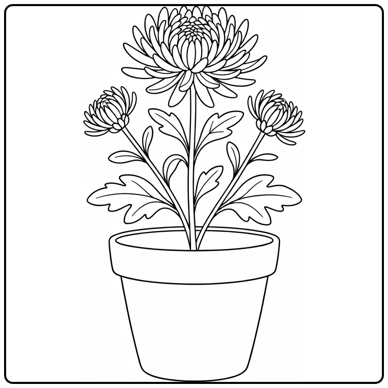Chrysant kleurplaat met potplant en open bloem