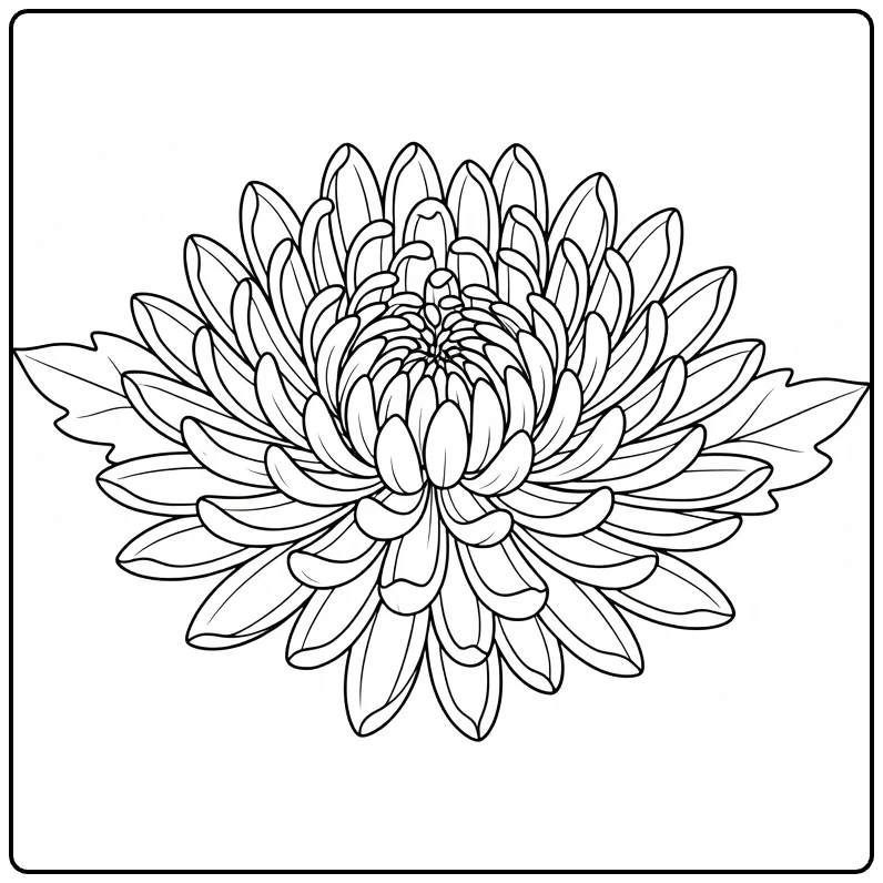 Chrysant kleurplaat met dichte bloemblaadjes en twee bladeren