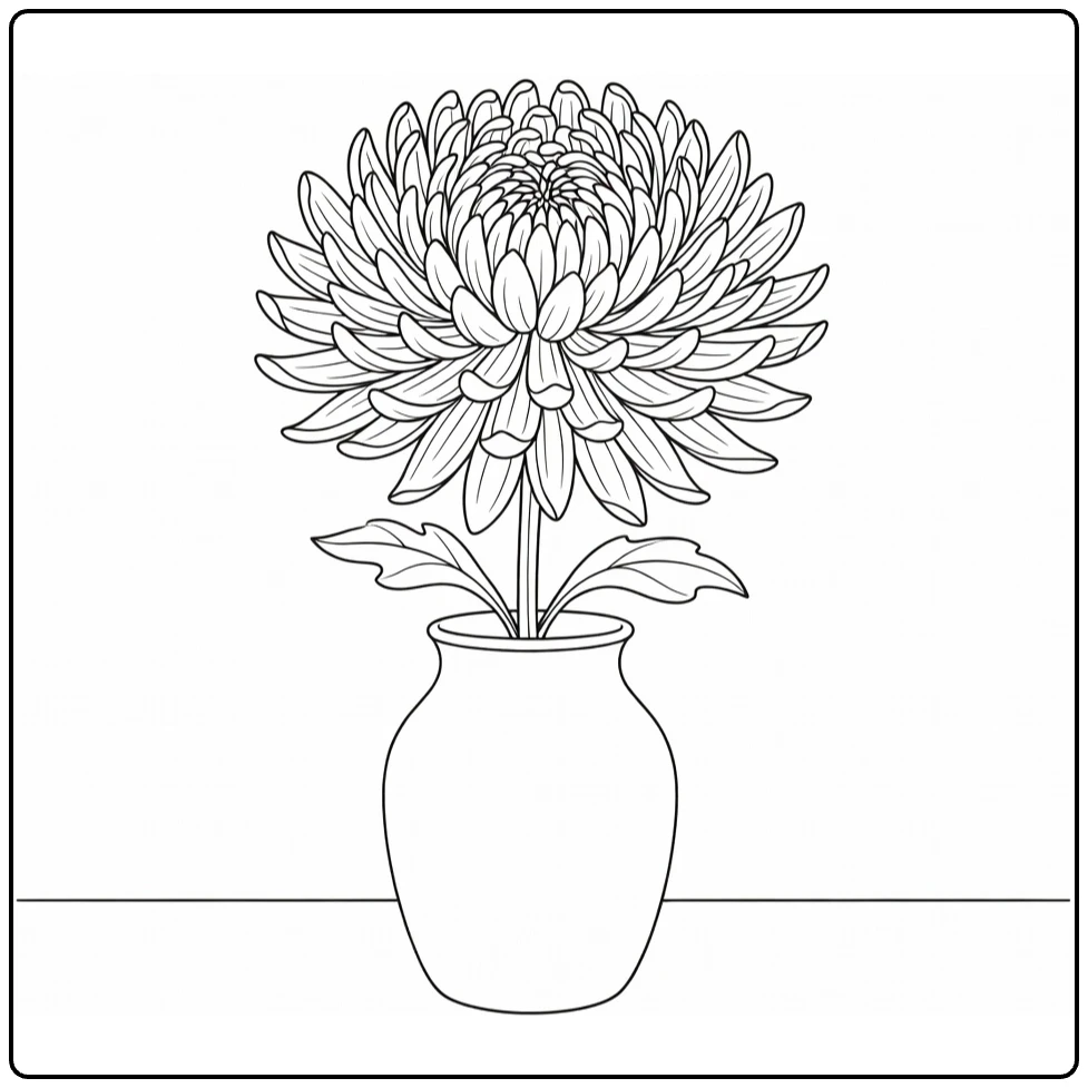 Chrysant kleurplaat met grote bloem in keramische vaas