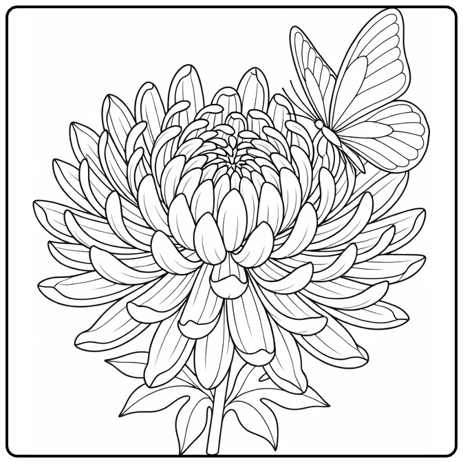 Chrysant kleurplaat met vlinder op bloemblaadjes