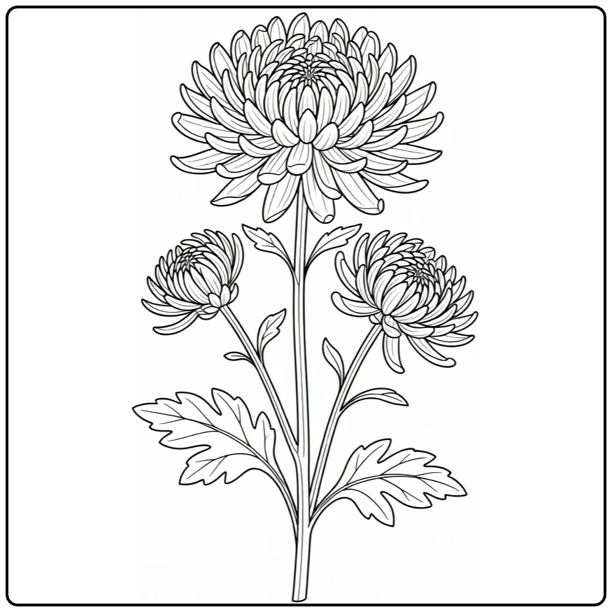 chrysant kleurplaat met grote bloem en bladeren