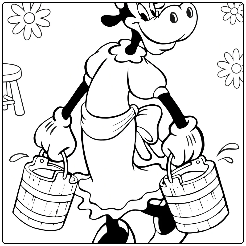 Clarabelle Cow Kleurplaat met emmers en bloemen