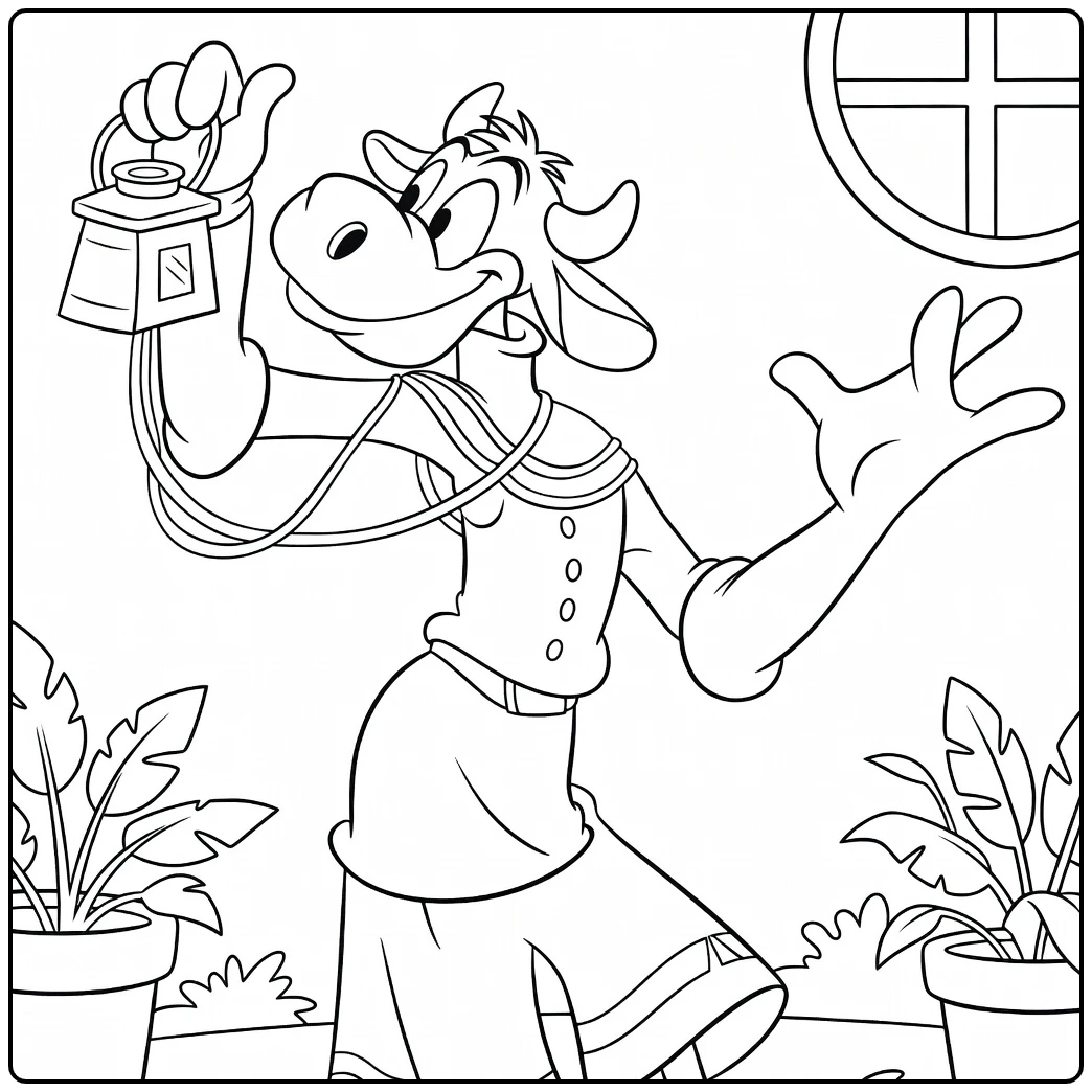 Clarabelle Cow Kleurplaat met lantaarn en planten