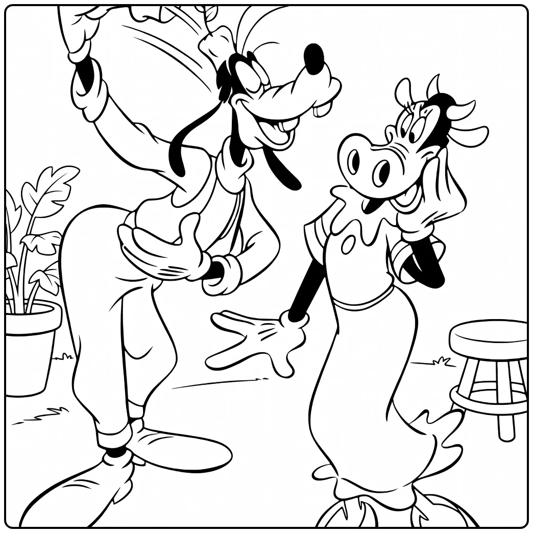 Clarabelle Cow Kleurplaat met dansende Disney figuren