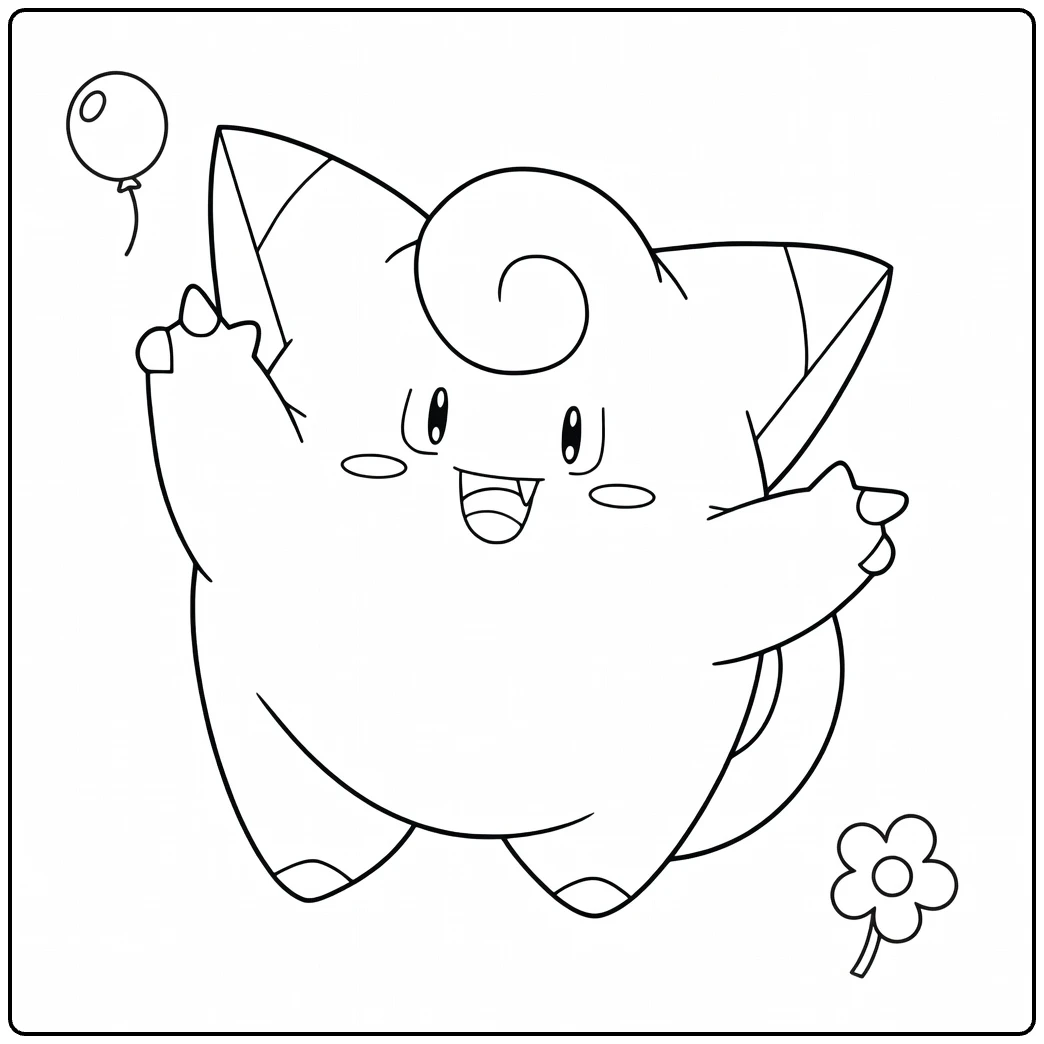 Clefairy Kleurplaat: blije Clefairy met ballon en bloem