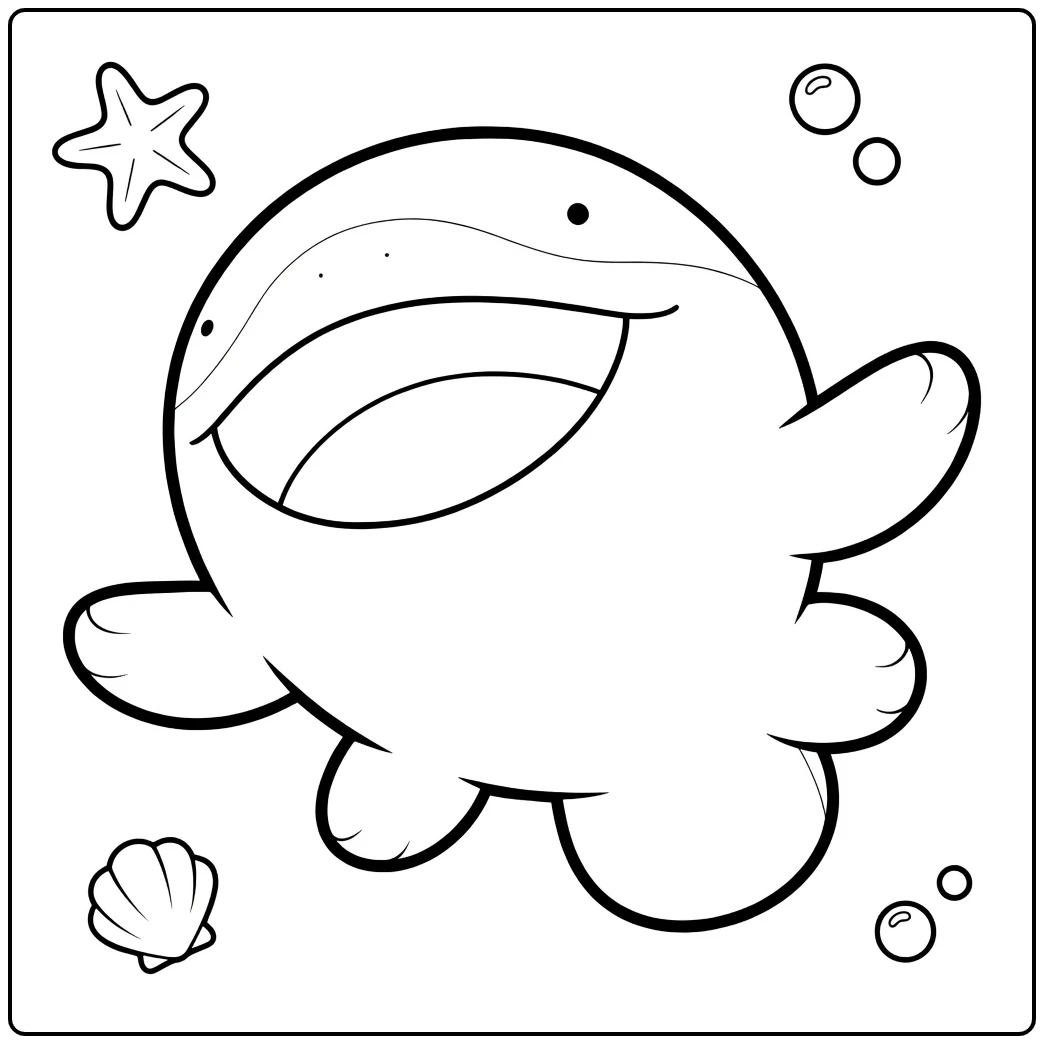 Clodsire Kleurplaat: lachende Pokémon met bubbels en schelp