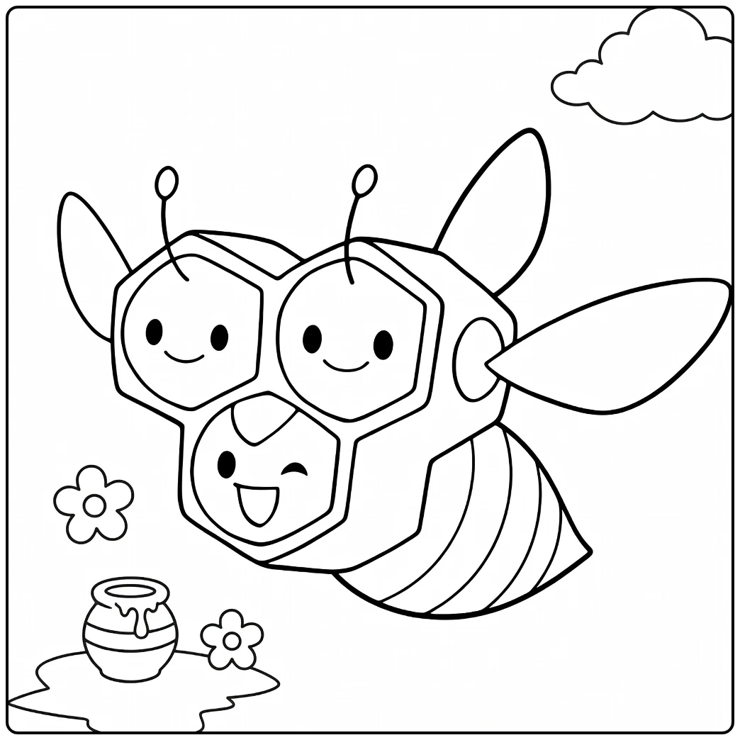 Combee Kleurplaat: schattige bij met honingpot en bloemen