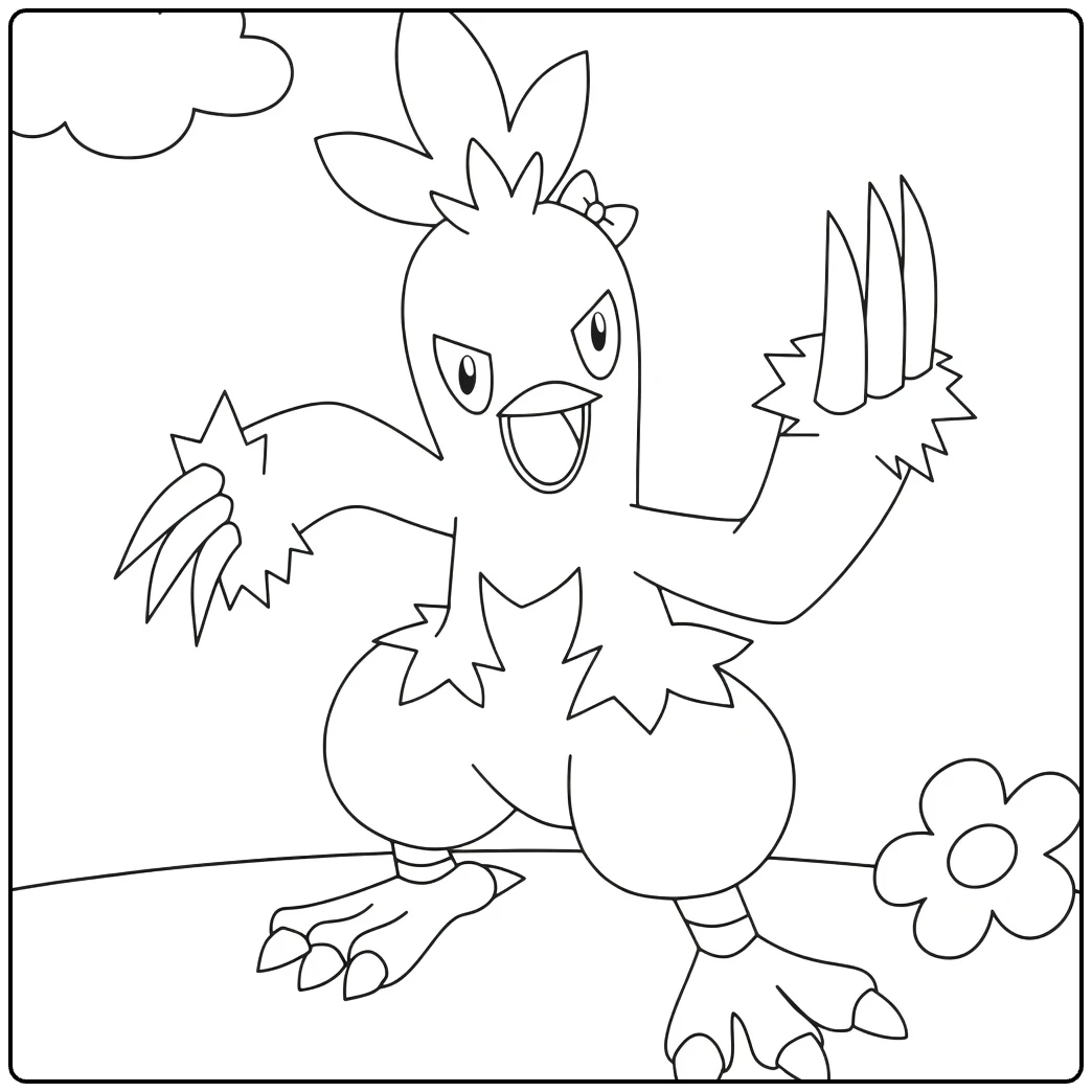Combusken Kleurplaat: stoere Pokémon in dynamische pose met klauwen