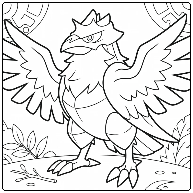 Corviknight Kleurplaat: stoere Pokémon met uitgespreide vleugels