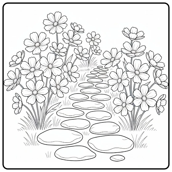 cosmos bloem kleurplaat met bloemen rond stenen pad