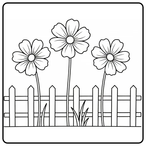 cosmos bloem kleurplaat met bloemen naast tuinhek