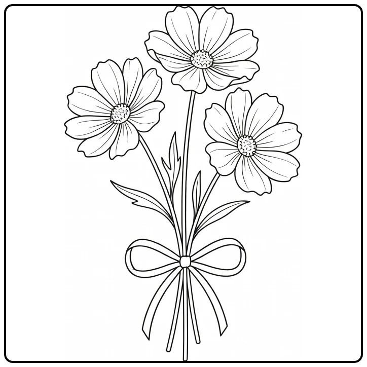 cosmos bloem kleurplaat met lint en drie bloei
