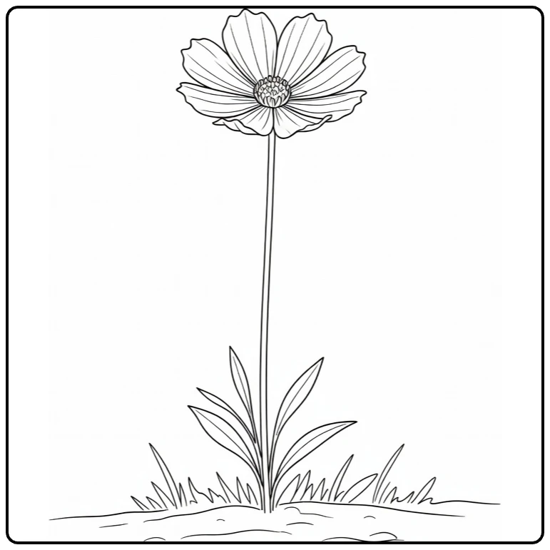 cosmos bloem kleurplaat met tere blaadjes en steel