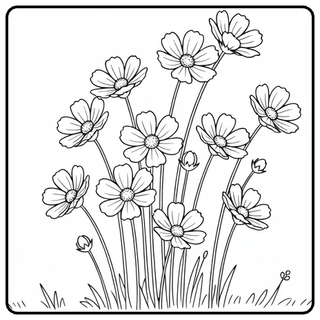 cosmos bloem kleurplaat met bloemen in een open wei