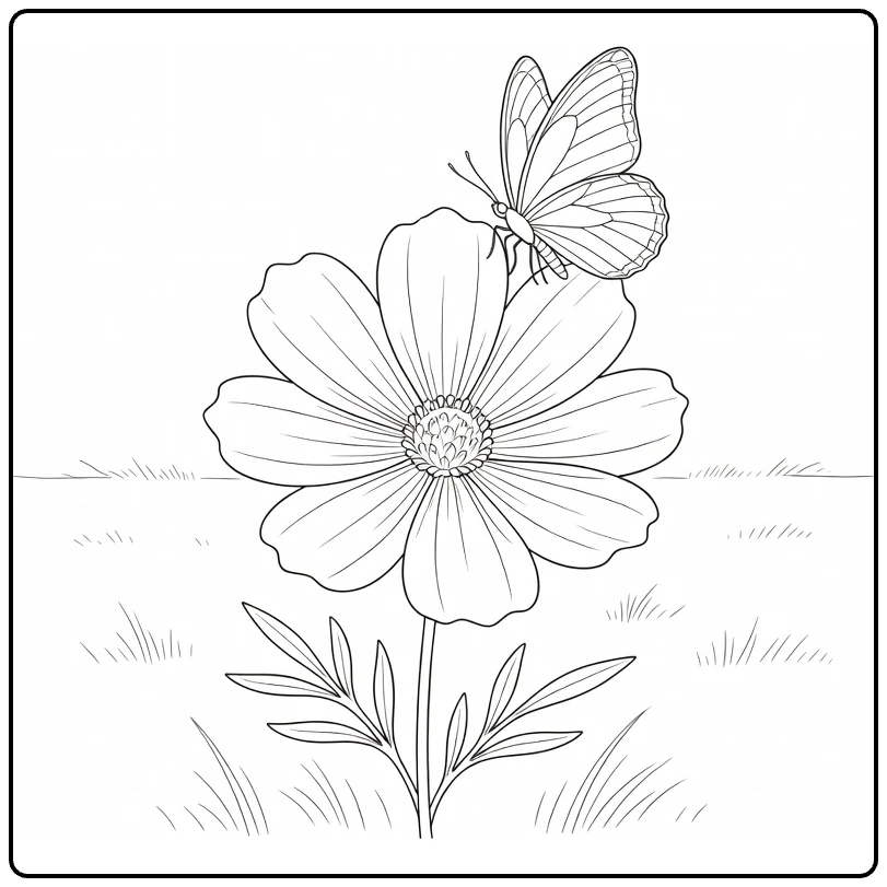 Cosmos bloem kleurplaat met vlinder op bloem