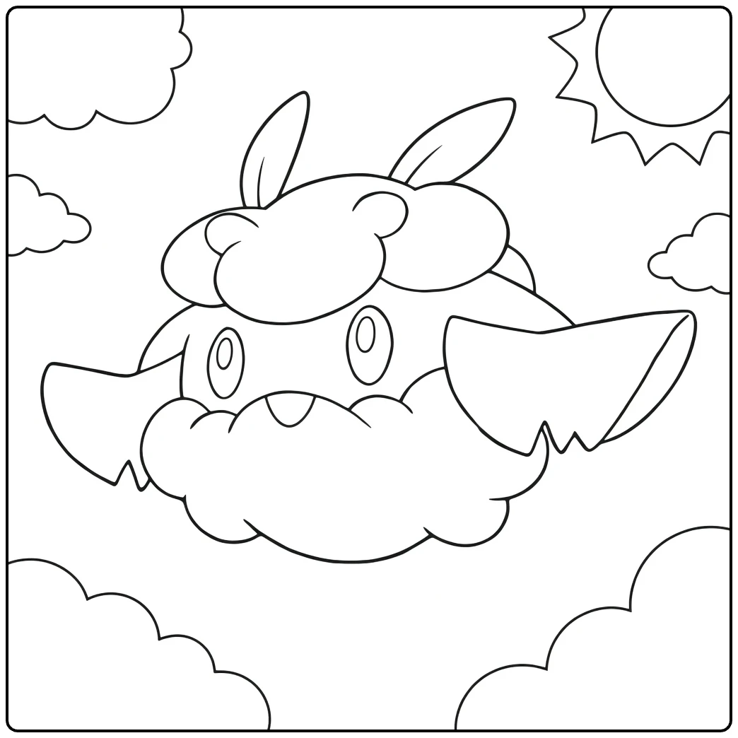 Cottonee Kleurplaat: pluizige Pokémon zweeft met wolken zon