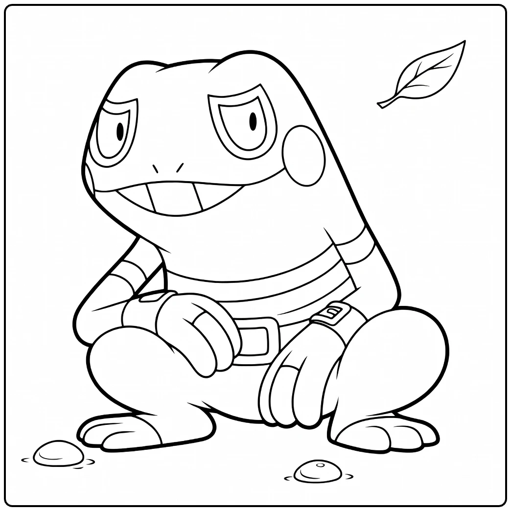 Croagunk Kleurplaat: zittende Pokémon-kikker met grijns