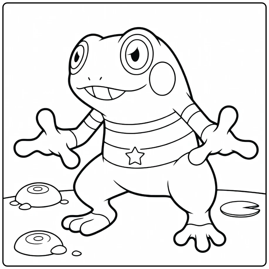 Croagunk Kleurplaat: lachende Pokémon-kikker met armen wijd