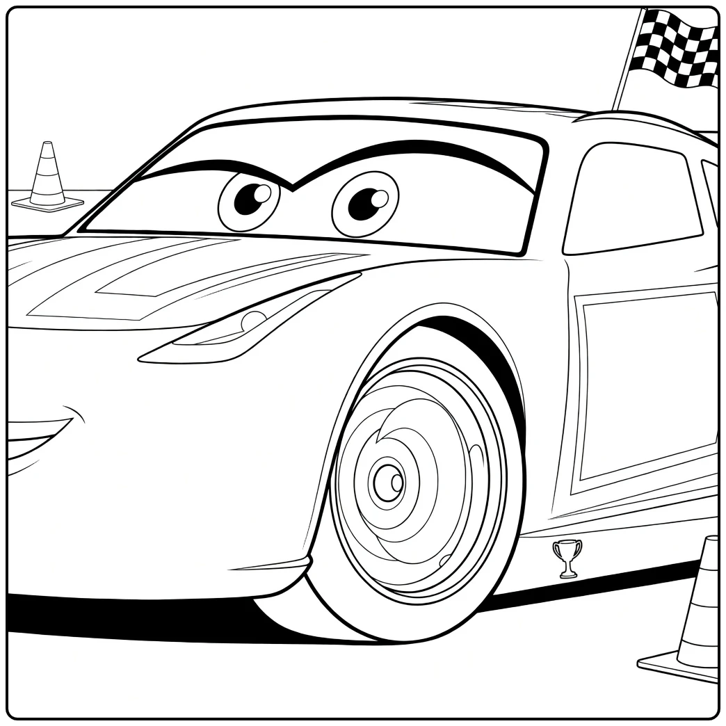 Cruz Ramirez Kleurplaat raceauto met vlag en trofee