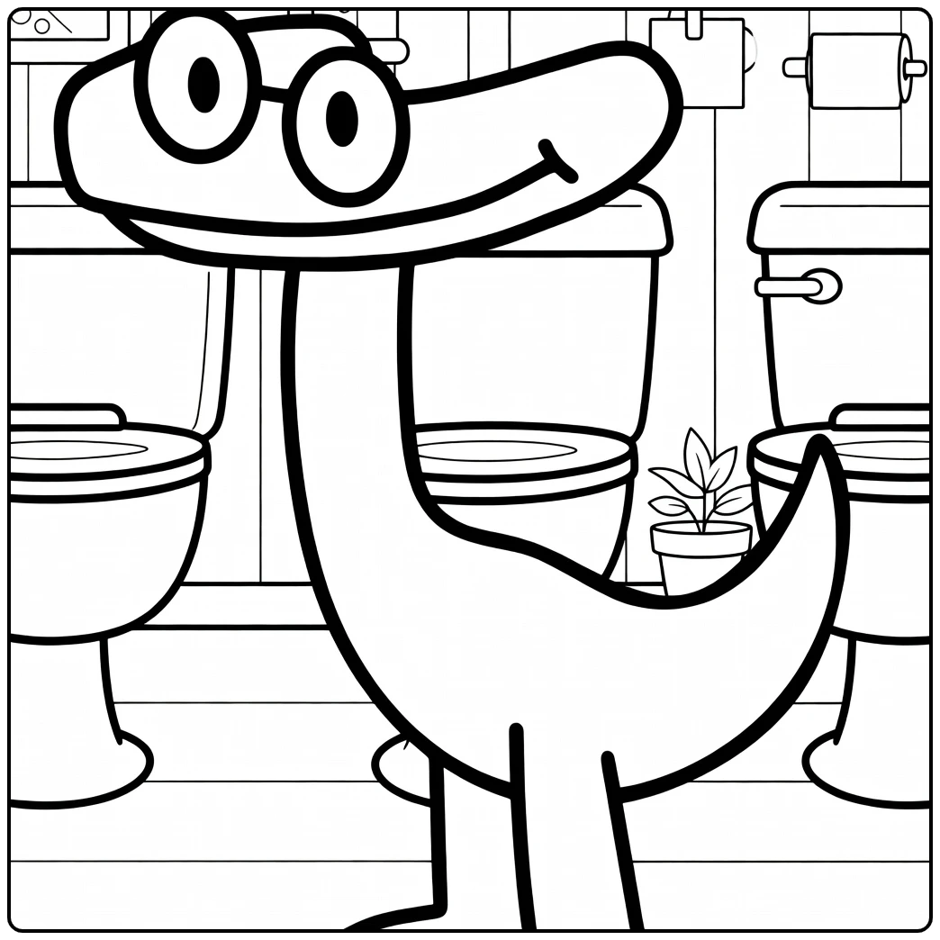 Cyan Rainbow Friends Kleurplaat met grappig personage in wc