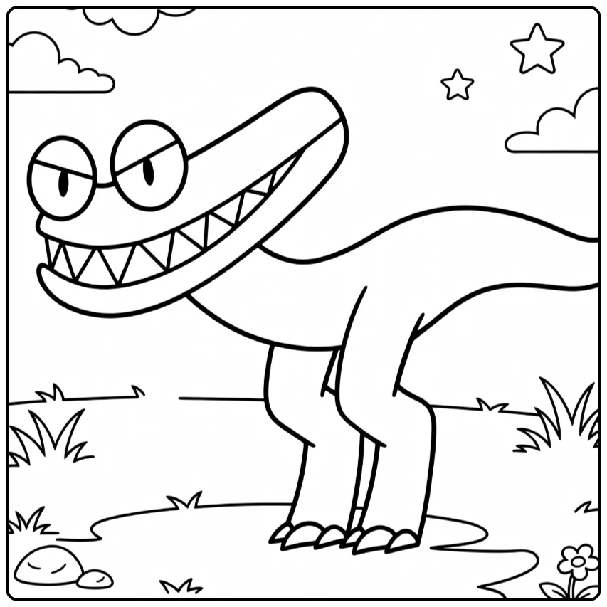 Cyan Rainbow Friends Kleurplaat met grappige krokodil in landschap