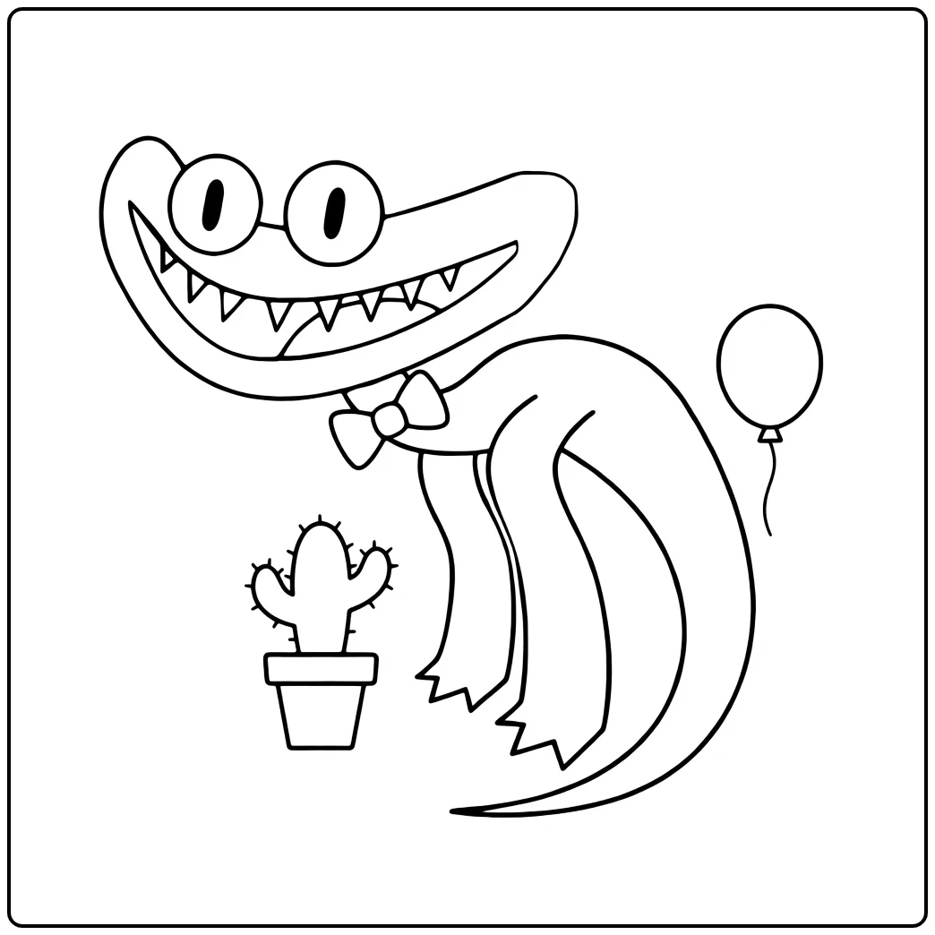 Cyan Rainbow Friends Kleurplaat met grappige krokodil en cactus