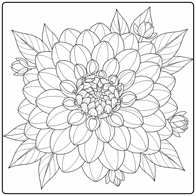 Dahlia kleurplaat met gelaagde bloemblaadjes en bladeren