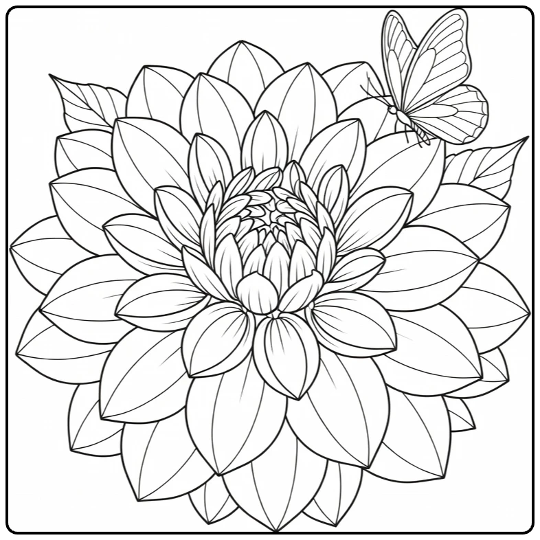 dahlia kleurplaat met vlinder op bloemblad
