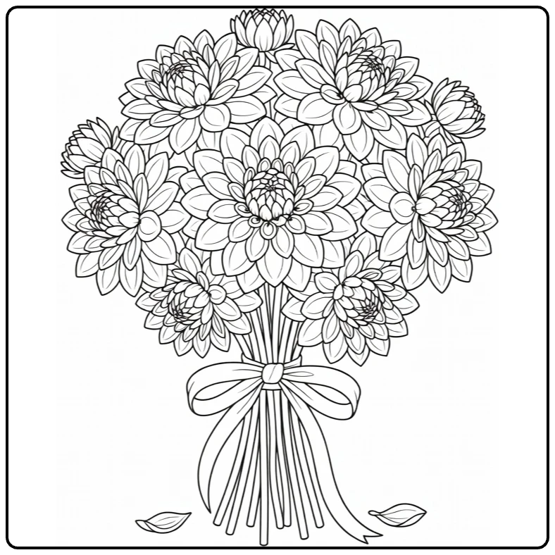 Dahlia kleurplaat van bloeiend boeket met lint