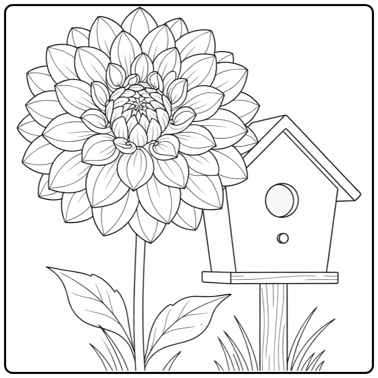 Dahlia kleurplaat met bloem naast vogelhuis op paal