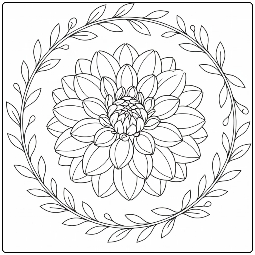 dahlia kleurplaat: Dahliabloem omlijst door bladeren en ranken